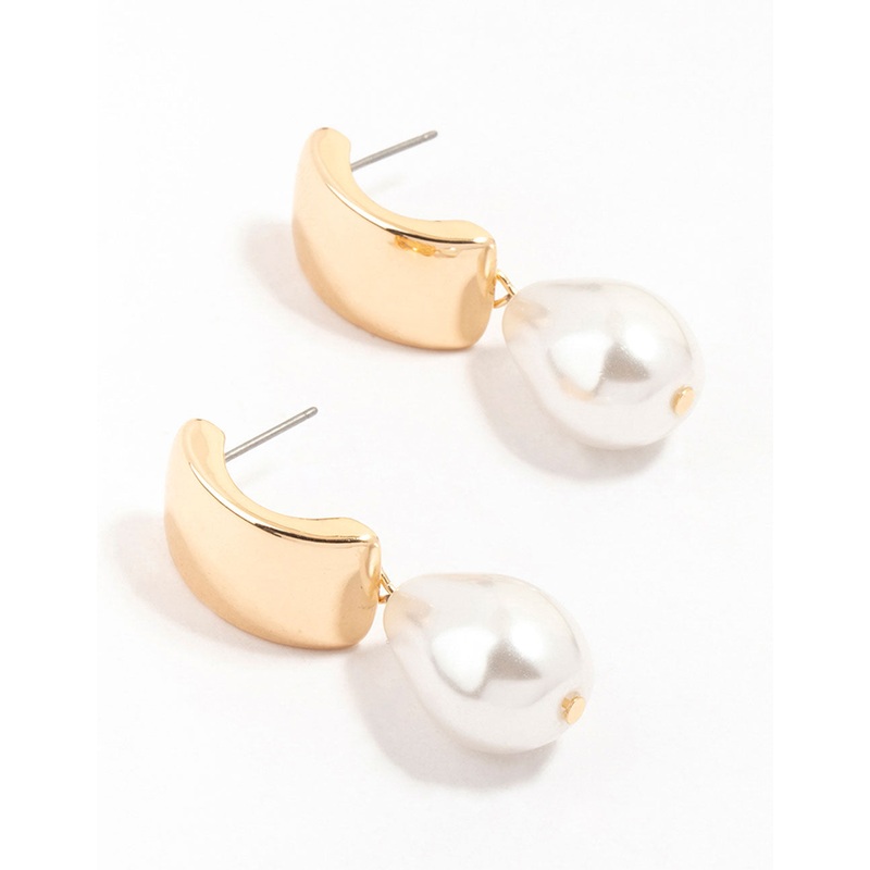 Gold Pearl Rectangular Teardrop Earrings