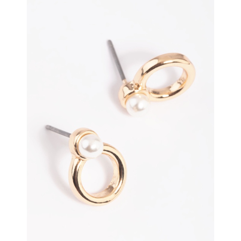 Gold Pearl Thick Circle Stud Earrings