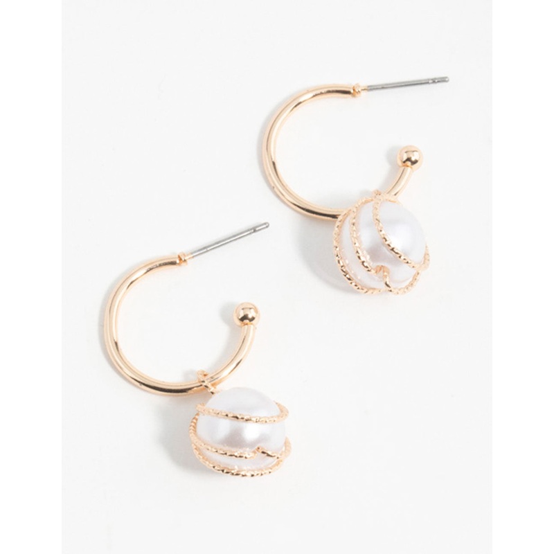 Gold Pearl Wire Wrapped Hoop Earrings