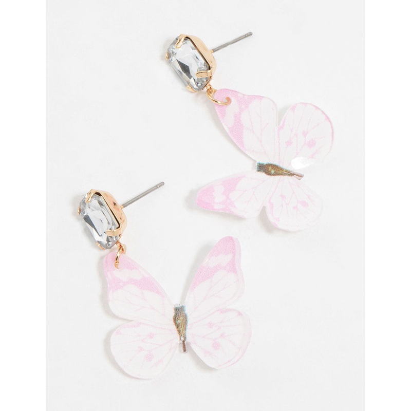 Gold Pink Butterfly & Diamante Drop Earrings