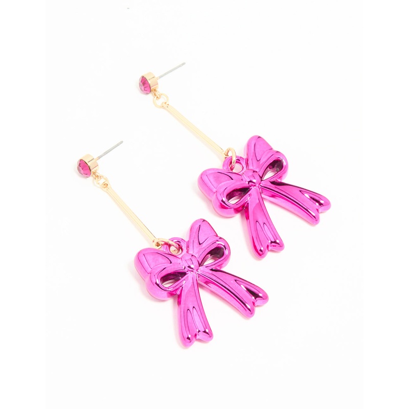 Gold Pink Diamante Bubble Bow Drop Earrings