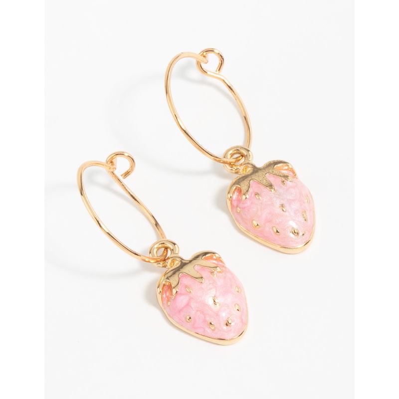 Gold Pink Strawberry Hoop Earrings