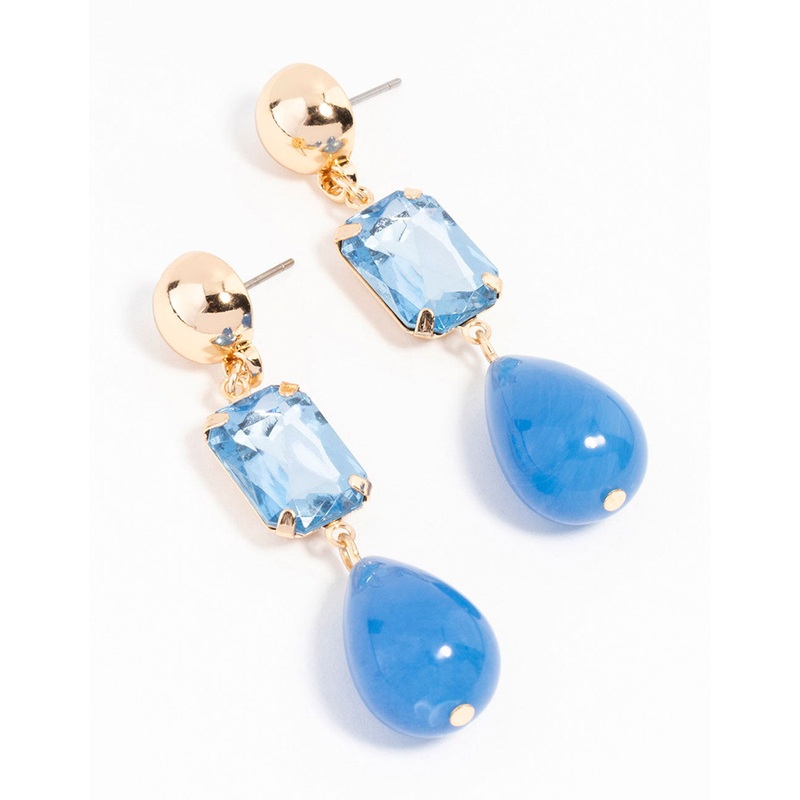 Gold Plated Blue Diamante Teardrop Beaded Drop Earrings