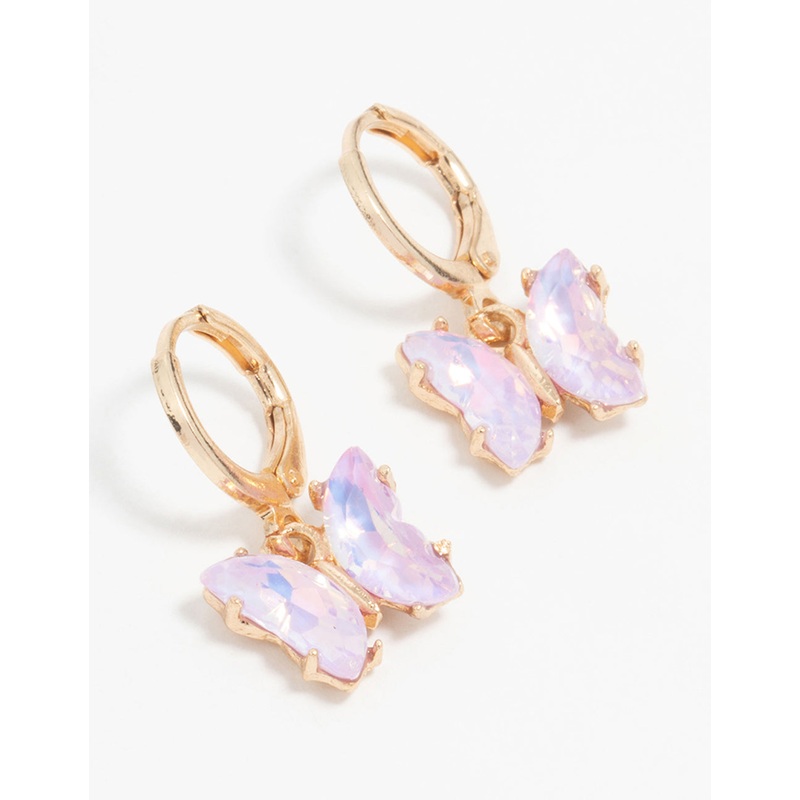 Gold Purple Diamante Butterfly Huggie Earrings