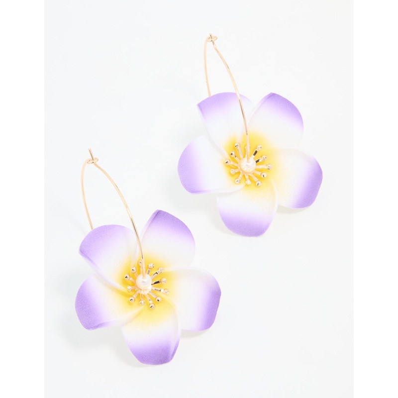 Gold Purple Pearl Large Frangipani Hoop Earrings