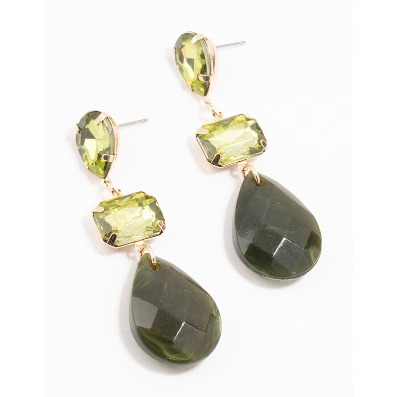 Gold Rectangular Green Diamante Drop Earrings