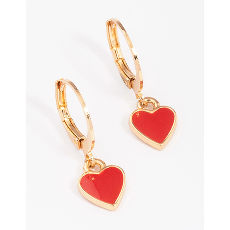 Gold & Red Heart Huggie Hoop Earrings