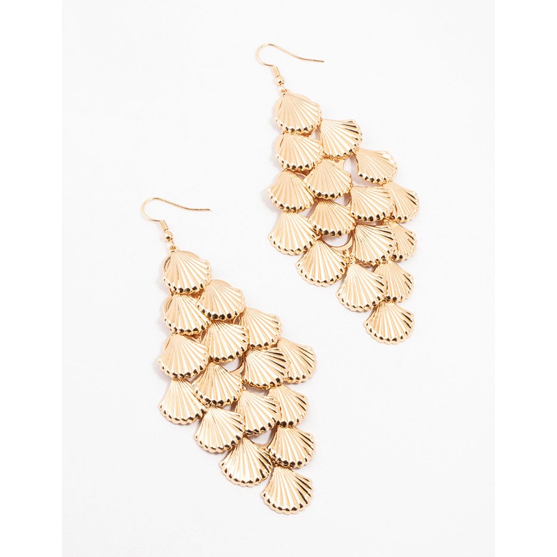 Gold Ribbed Shell  Design Drop Earrings