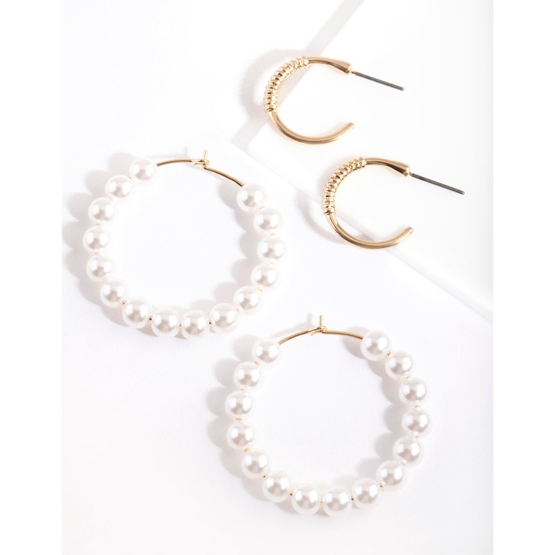 Gold Textured Pearl Hoop Earring Pack