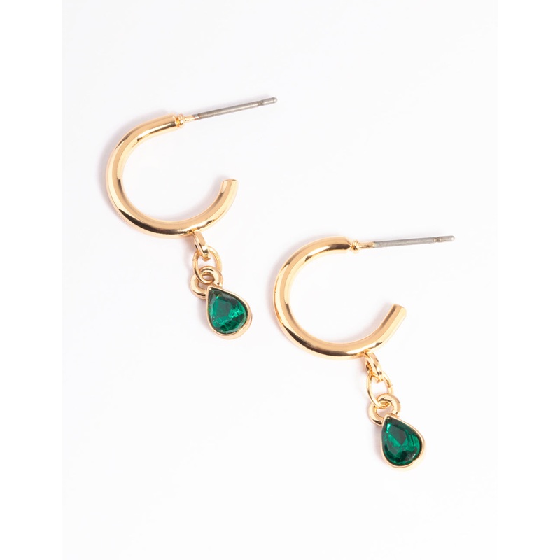 Green Teardrop Stone Drop Huggie Earrings