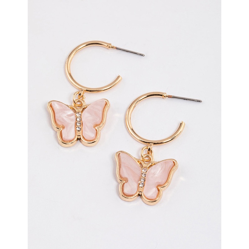 Pink Acrylic Butterfly Hoop Drop Earrings