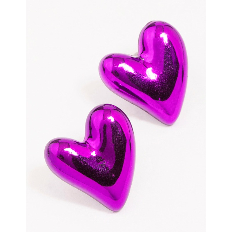 Purple Puffy Heart Stud Earrings