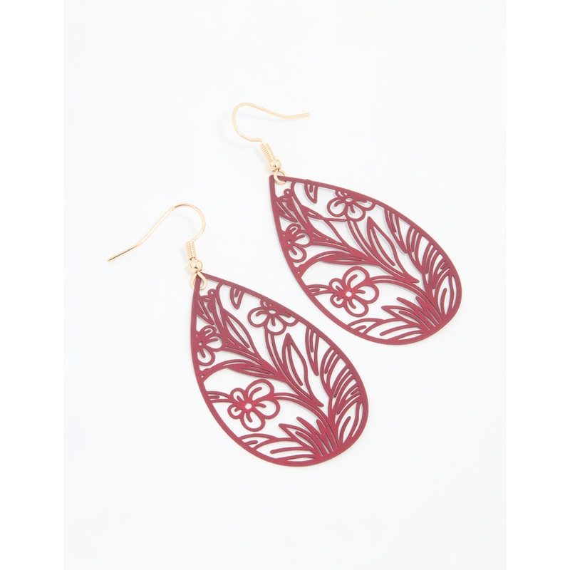 Red Filigree Flower Border Drop Earrings