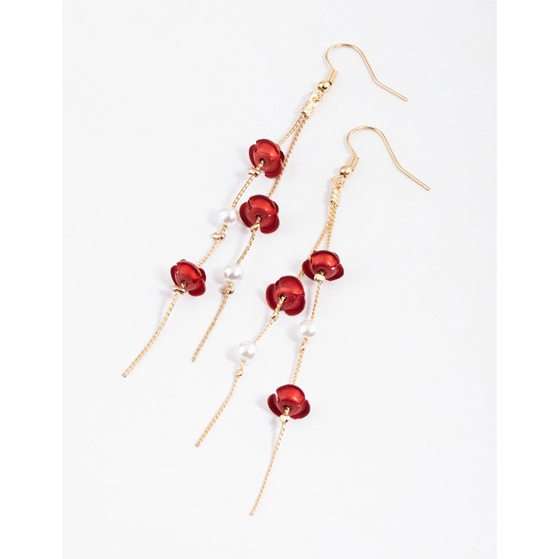 Red Rose & Pearl Chain Drop Earrings