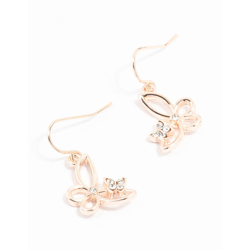 Rose Gold Diamante Butterfly Cut Out Drop Earrings