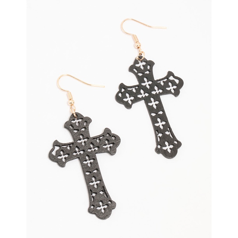 Winged Cut Out Cross Drop Earrings