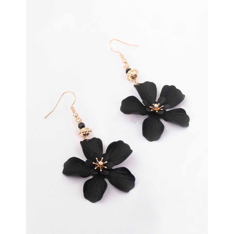 Black Bead Matte Flower Drop Earrings