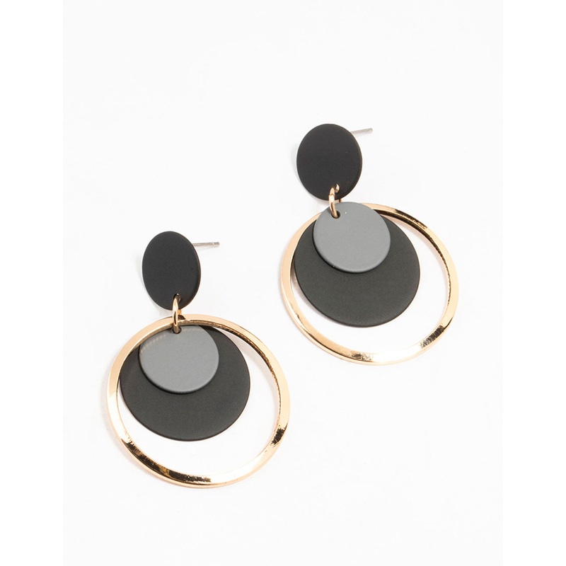 Black Coated Metal Layered Disc Drop Earrings