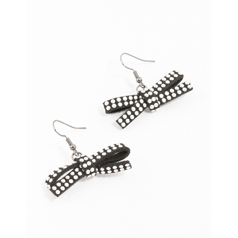 Black & White Coated Studded Bow Drop Earrings
