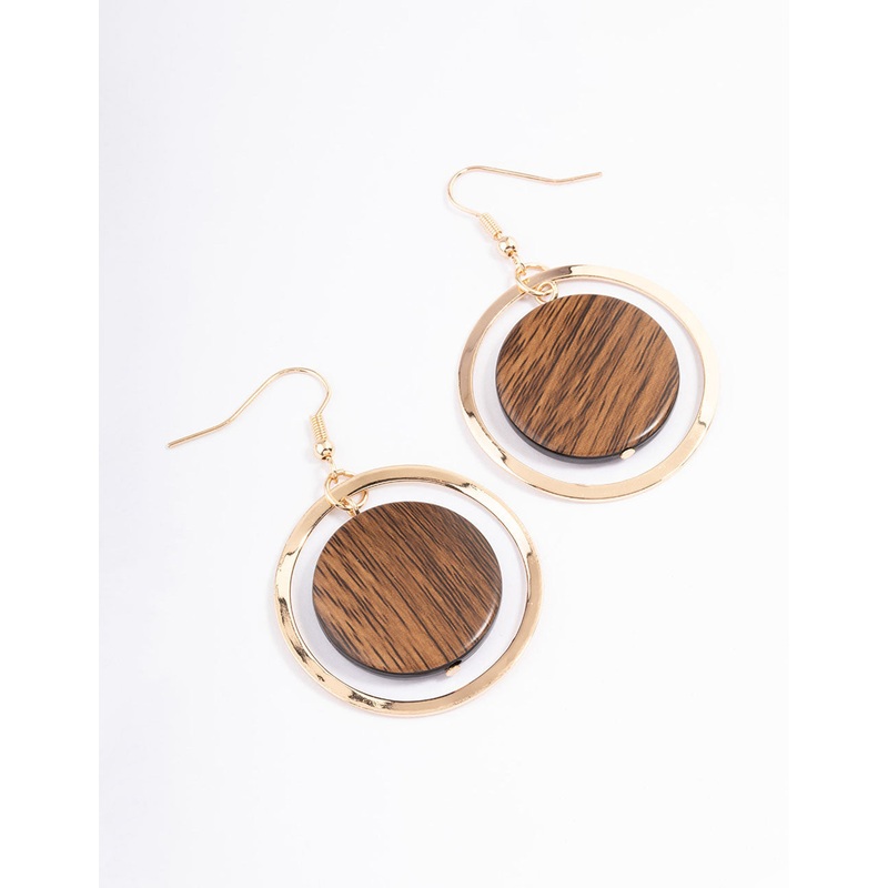 Brown Round Wood Drop Earrings
