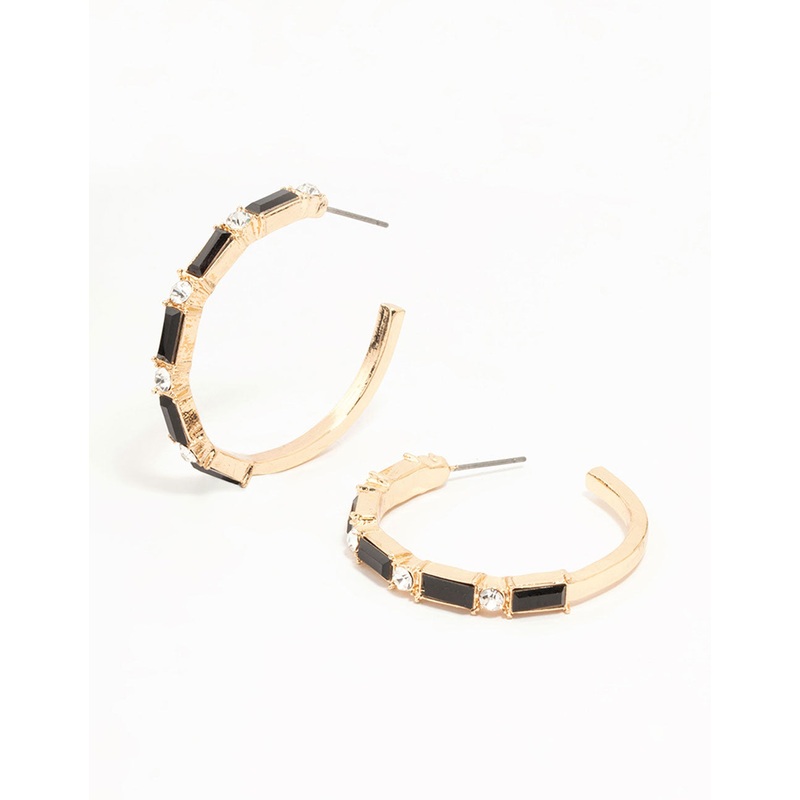Gold Baguette Cut Black Medium Hoop Earrings