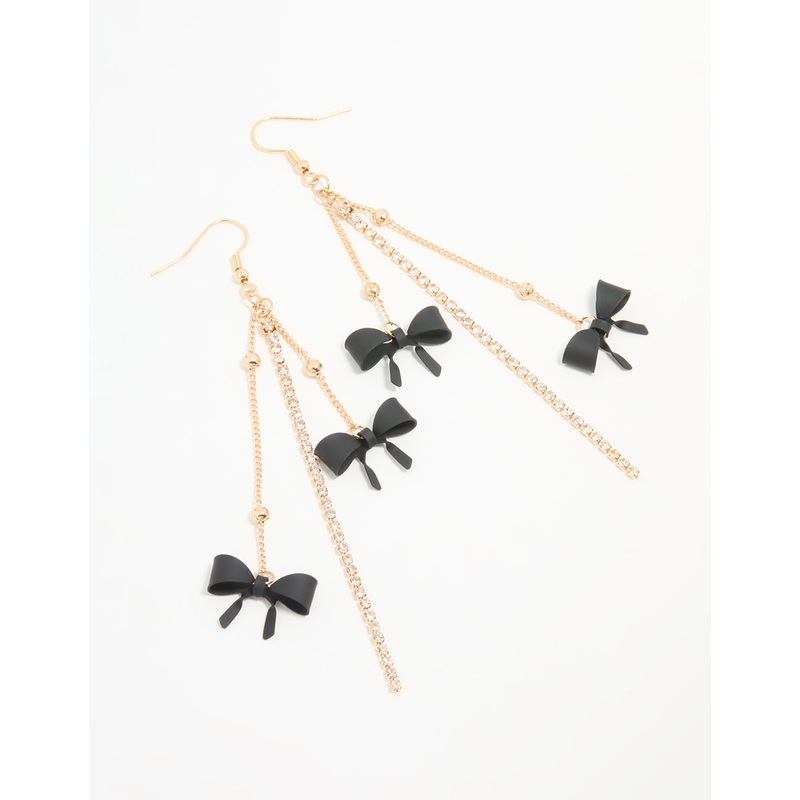 Gold Black Bow Chain Drop Earrings