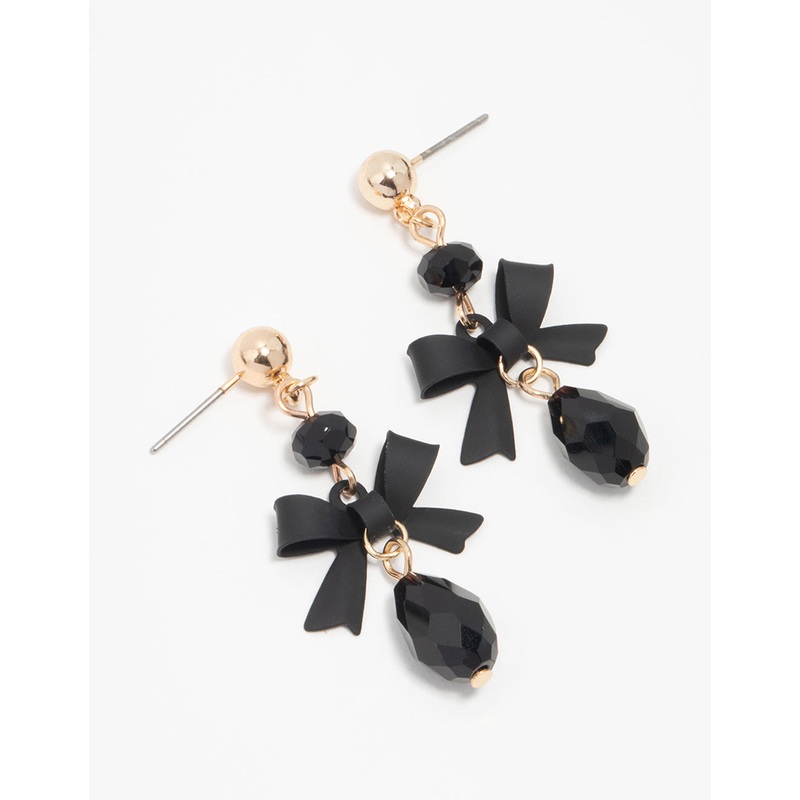 Gold Black Diamante Bow Drop Earrings