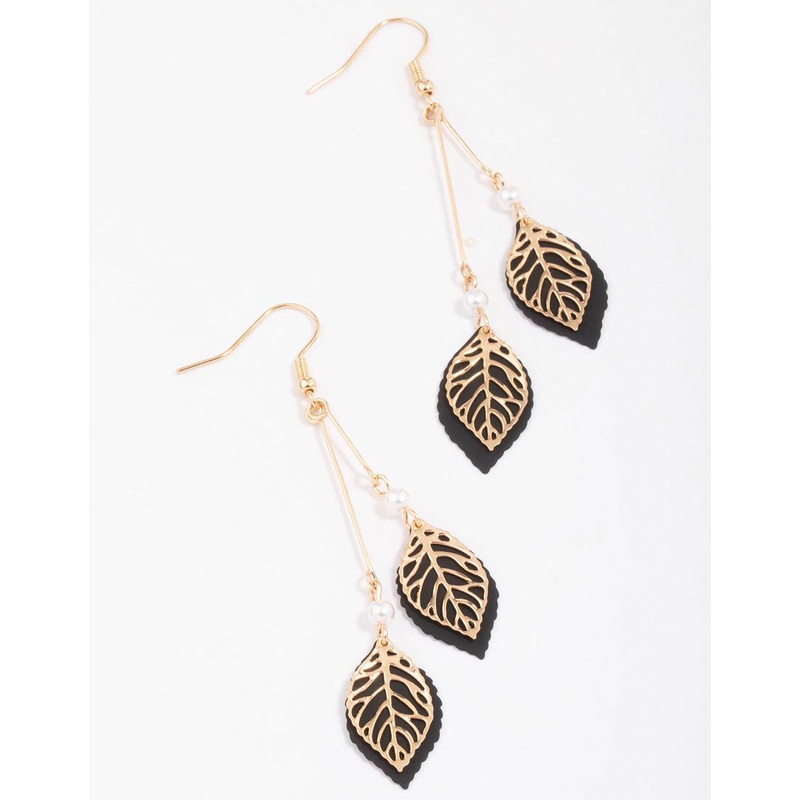 Gold & Black Filigree Diamante Leaf Drop Earrings