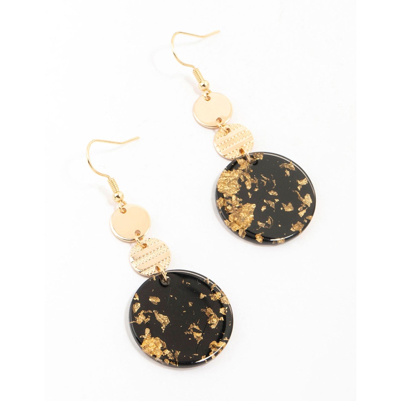 Gold & Black Textured Disc Drop Earrings