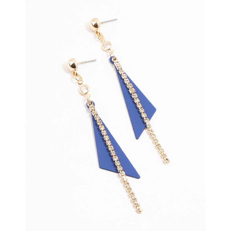 Gold & Blue Cup Chain Triangle Drop Earrings
