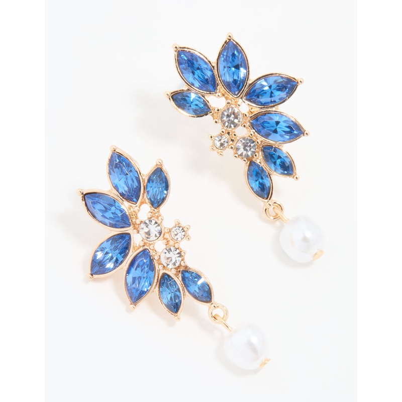 Gold Blue Diamante Pearl Marquise Stud Earrings