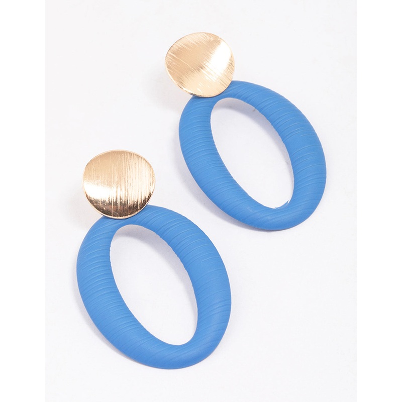 Gold & Blue Disc Textured Oval Drop Earrings