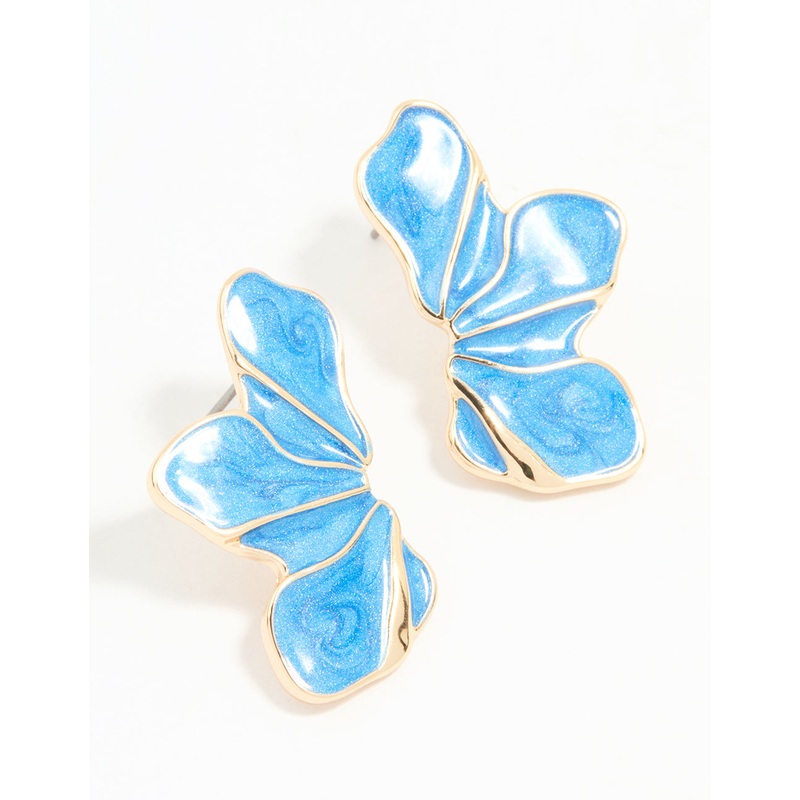 Gold Blue Half Flower Stud Earrings