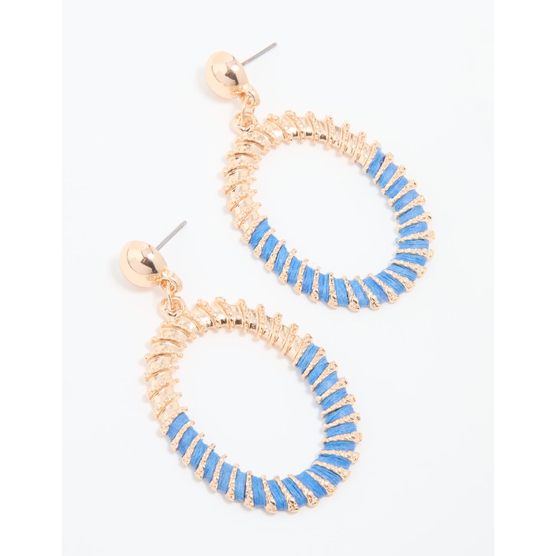 Gold BlueTextured Oval Drop Earrings
