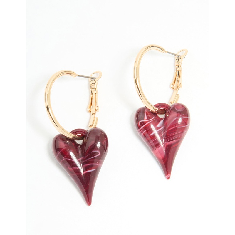 Gold Burgundy Bubble Heart Hoop Earrings