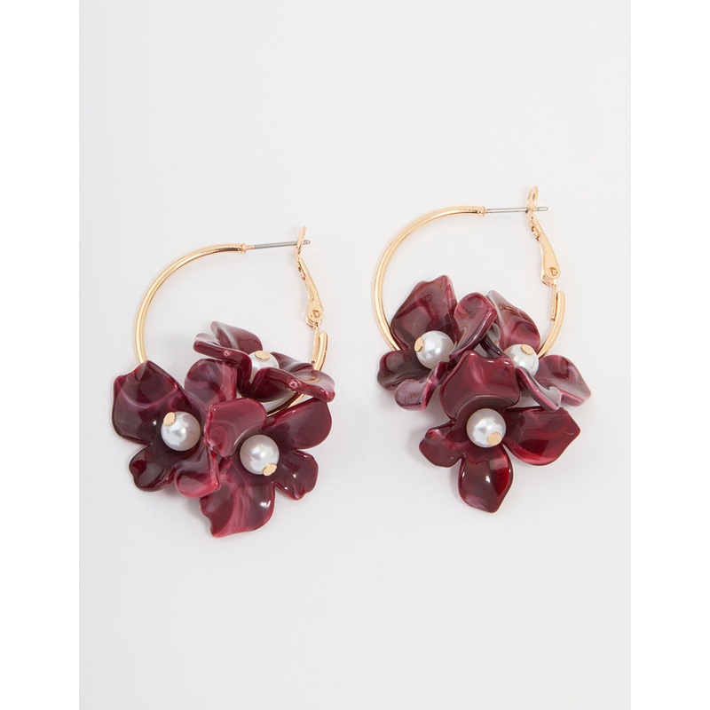 Gold Burgundy Pearl Petal Flower Drop Earrings