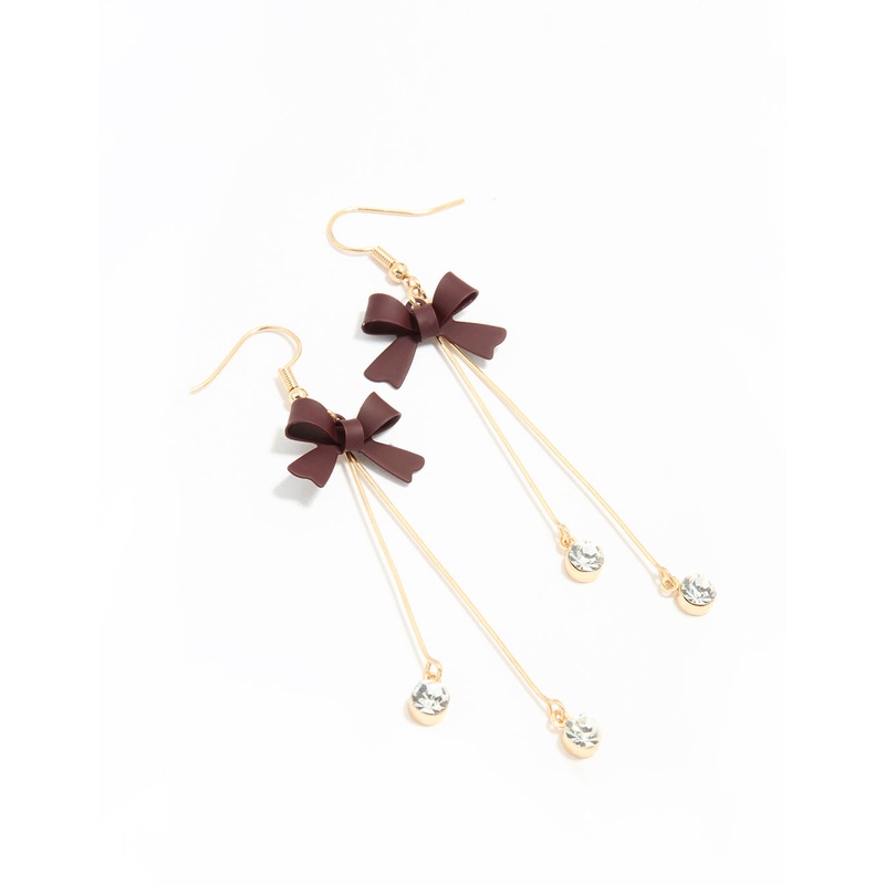 Gold Diamante Brown Bow Drop Earrings