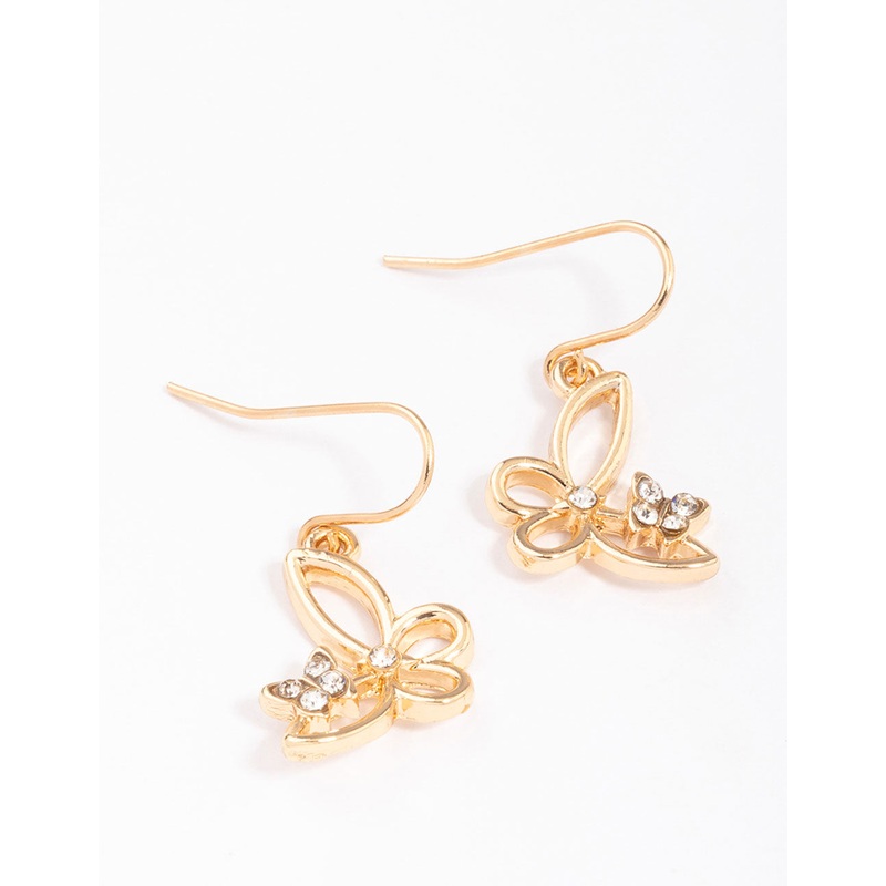 Gold Diamante Cut Butterfly Drop Earrings