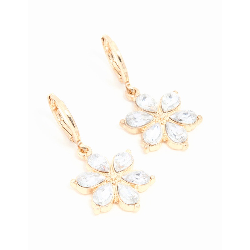 Gold Diamante Flower Clicker Drop Earrings