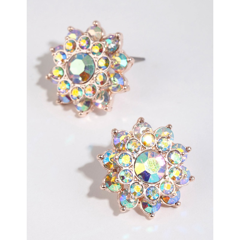 Gold Diamante Flower Stud Earrings