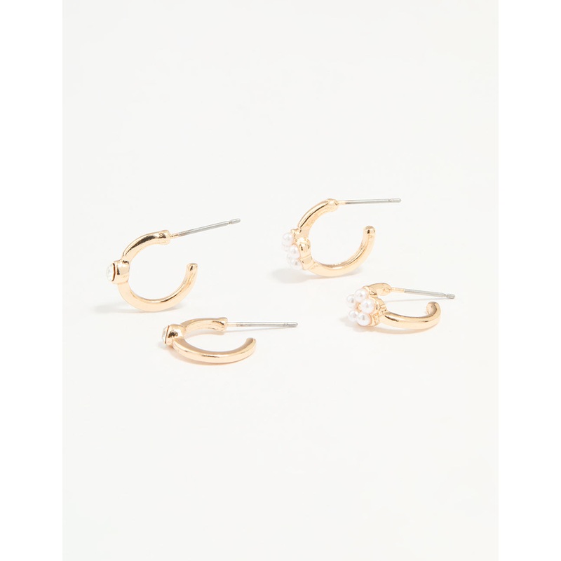 Gold Diamante Pearl Flower Hoop Earrings 2-Pack