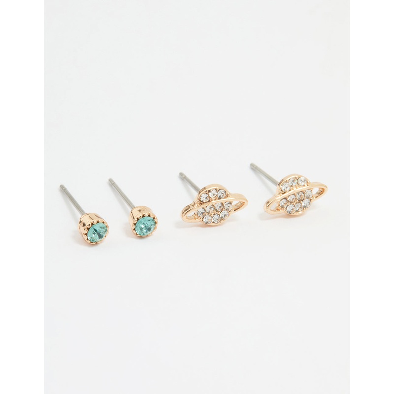 Gold Diamante Planet & Classic Stud Earrings 2-Pack