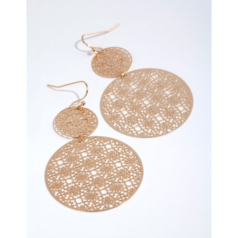 Gold Double Filigree Disc Drop Earrings