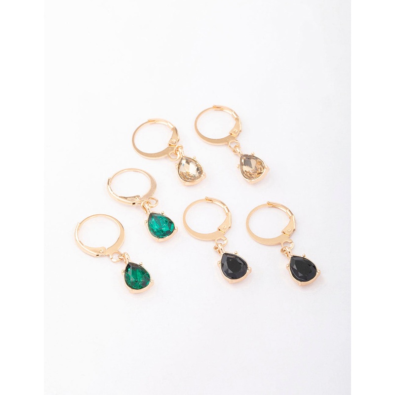 Gold Drop Pear Diamante Huggie Earring 3-Pack