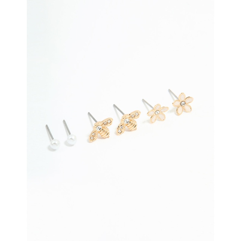 Gold Flower & Bee Stud Earrings 3-Pack