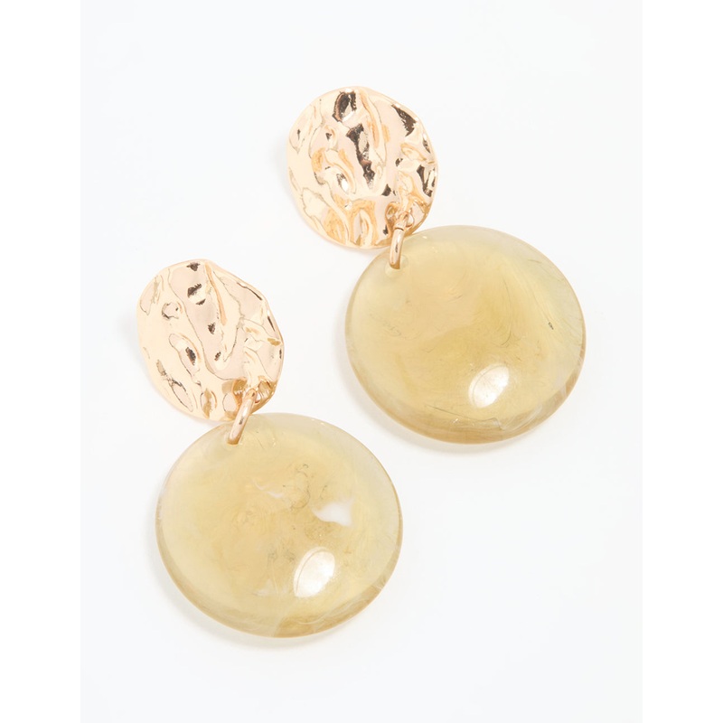 Gold Green Acrylic Hammered Circle Drop Earrings