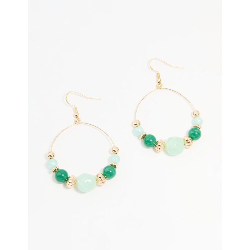 Gold Green Beaded Circular Drop Earrings