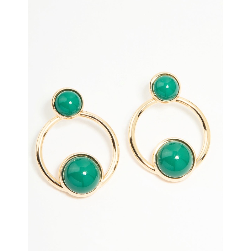 Gold Green Circles Drop Earrings