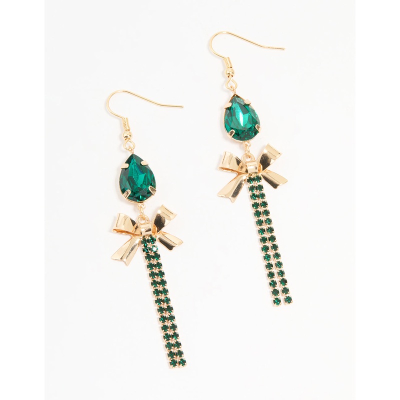 Gold Green Diamante Bow Cupchain Drop Earrings