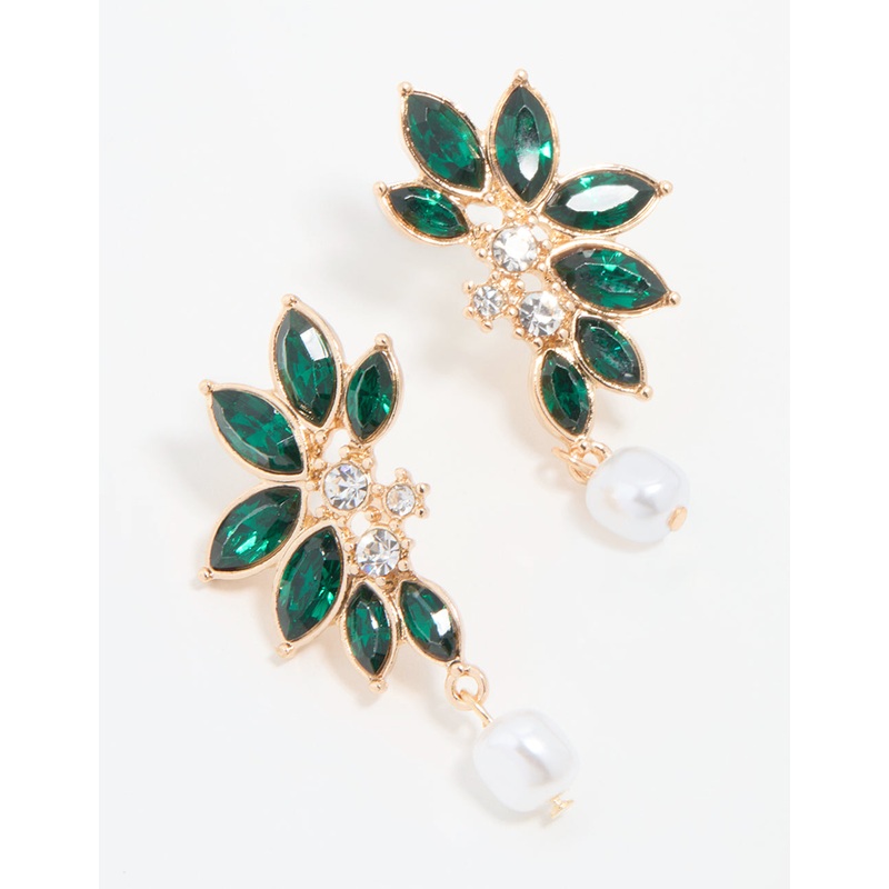 Gold Green Diamante & Pearl Marquise Stud Earrings